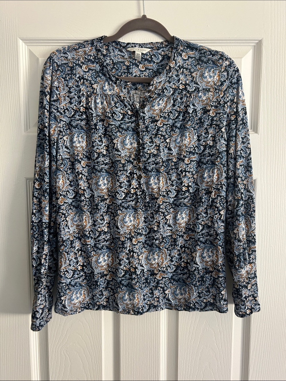 Lucky Brand Navy and Tan Paisley Long-Sleeve Blouse